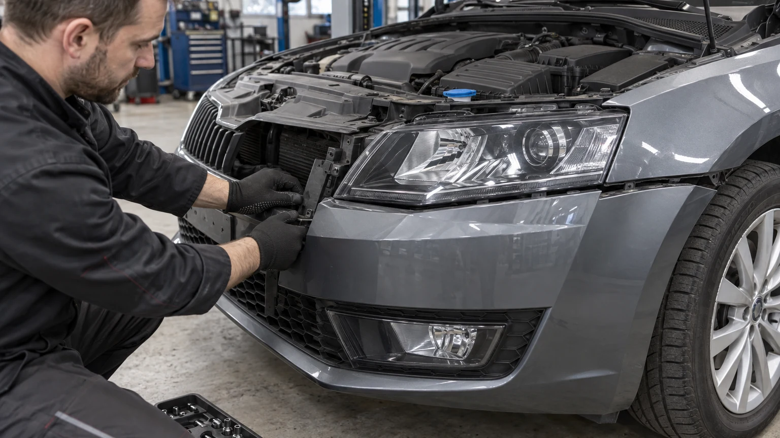 Подготовка к снятию передней фары Skoda Octavia A7 в мастерской