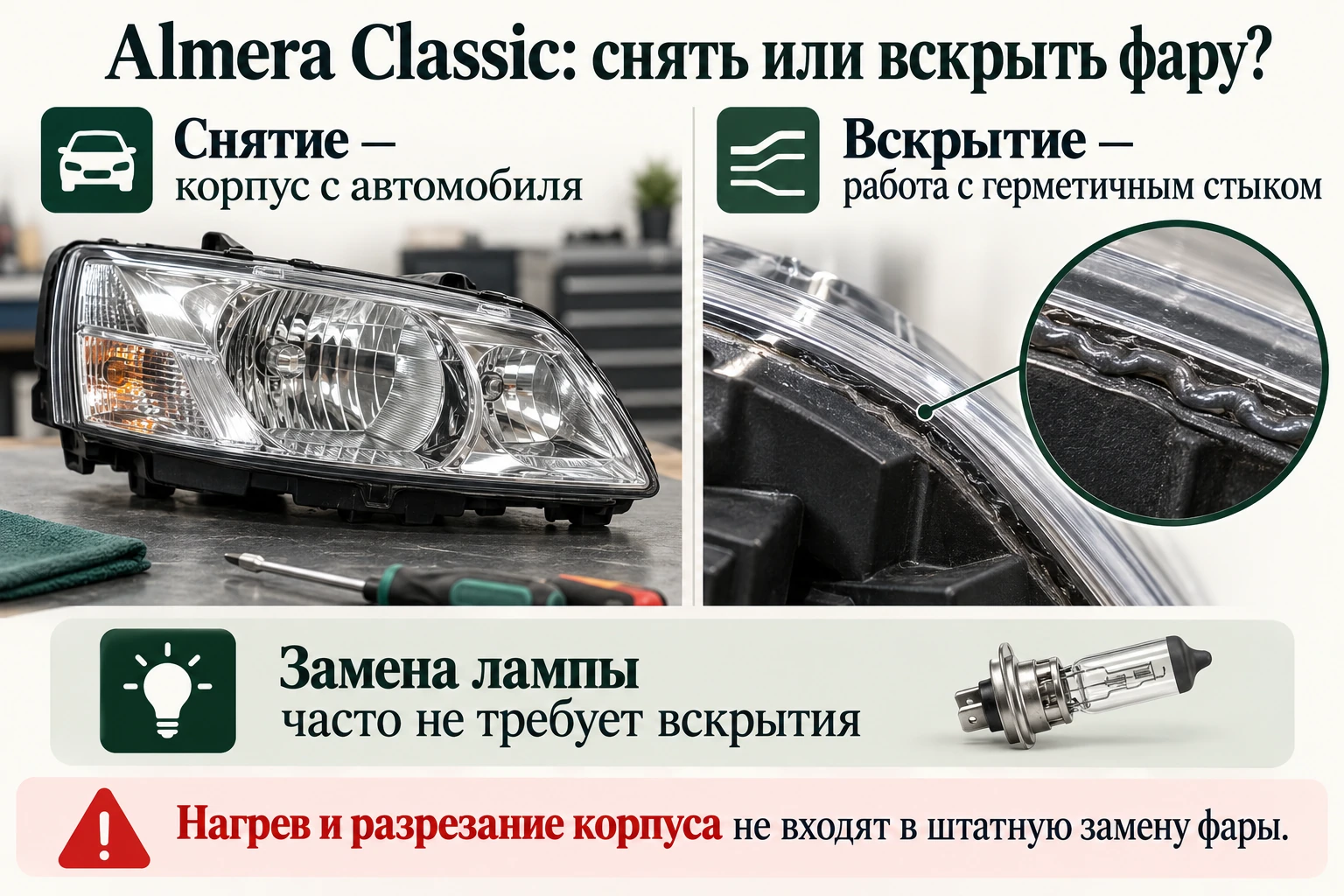 Как снять фару Nissan Almera Classic и чем это отличается от вскрытия: памятка по проверке